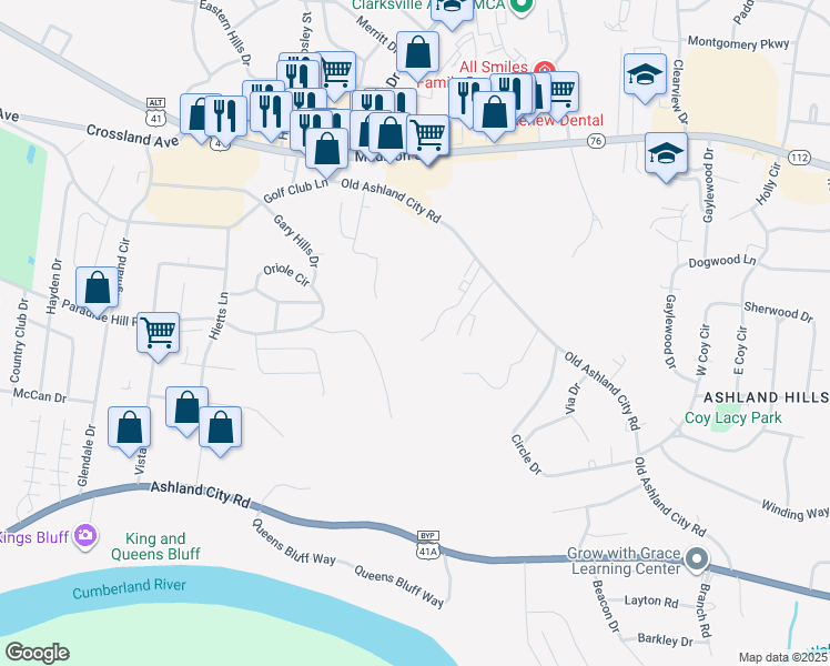 map of restaurants, bars, coffee shops, grocery stores, and more near 470 Martha Lane in Clarksville