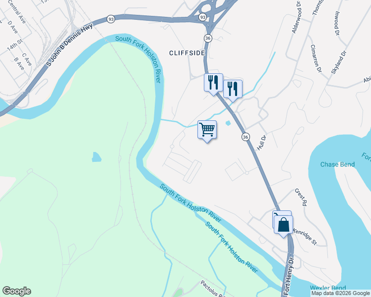 map of restaurants, bars, coffee shops, grocery stores, and more near 3053 Cliffside Road in Kingsport