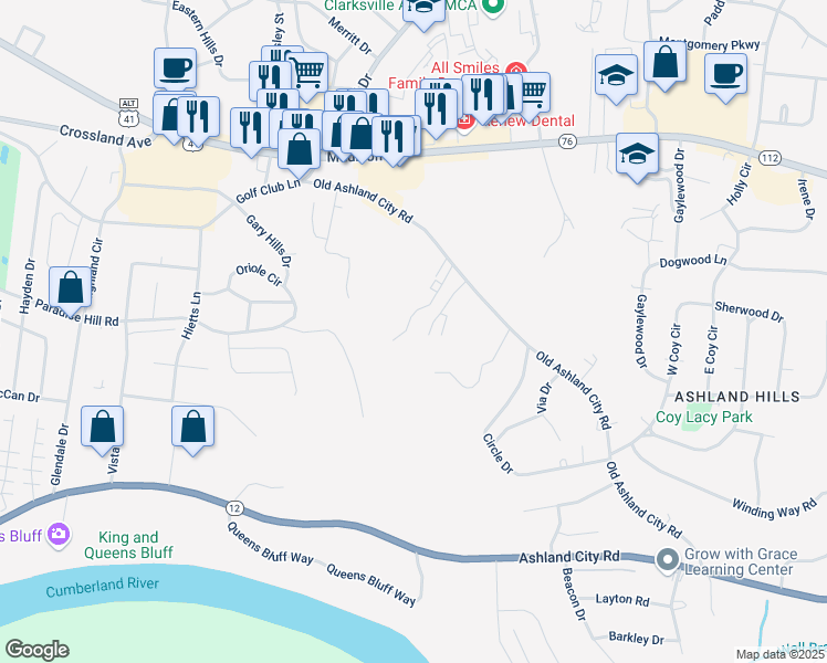 map of restaurants, bars, coffee shops, grocery stores, and more near 451 Martha Lane in Clarksville