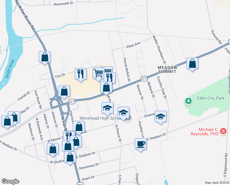 map of restaurants, bars, coffee shops, grocery stores, and more near 312 East Meadow Road in Eden