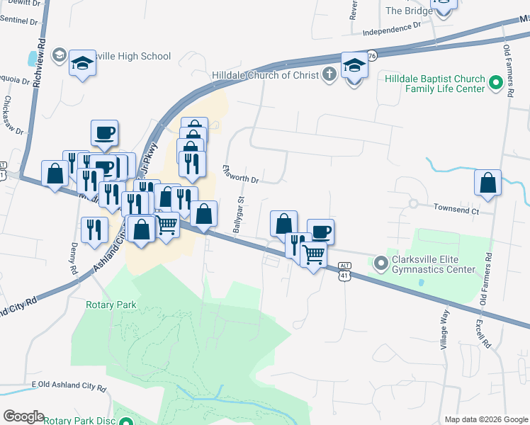 map of restaurants, bars, coffee shops, grocery stores, and more near 117 Coyote Court in Clarksville