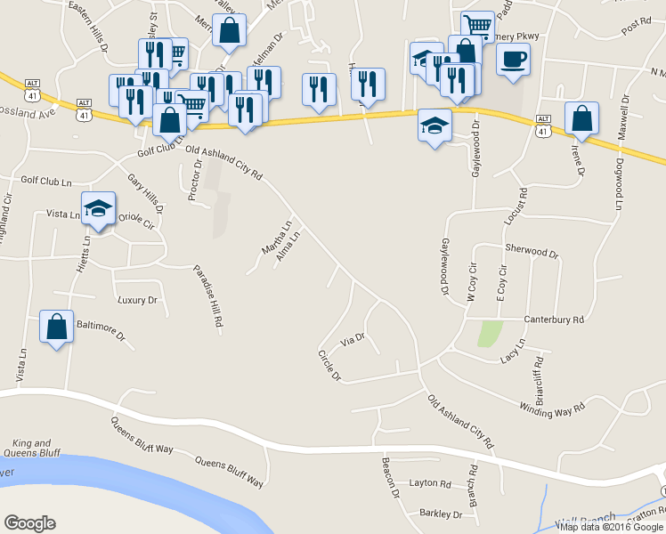 map of restaurants, bars, coffee shops, grocery stores, and more near 402 Redbud Lane in Clarksville