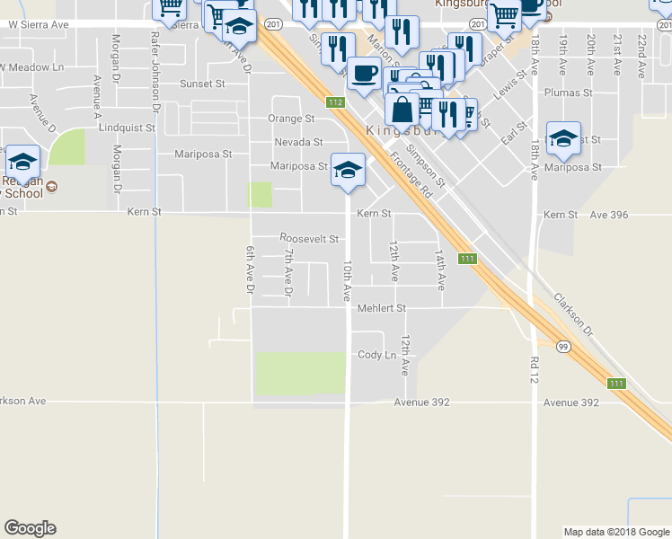 map of restaurants, bars, coffee shops, grocery stores, and more near 860 9th Avenue Drive in Kingsburg
