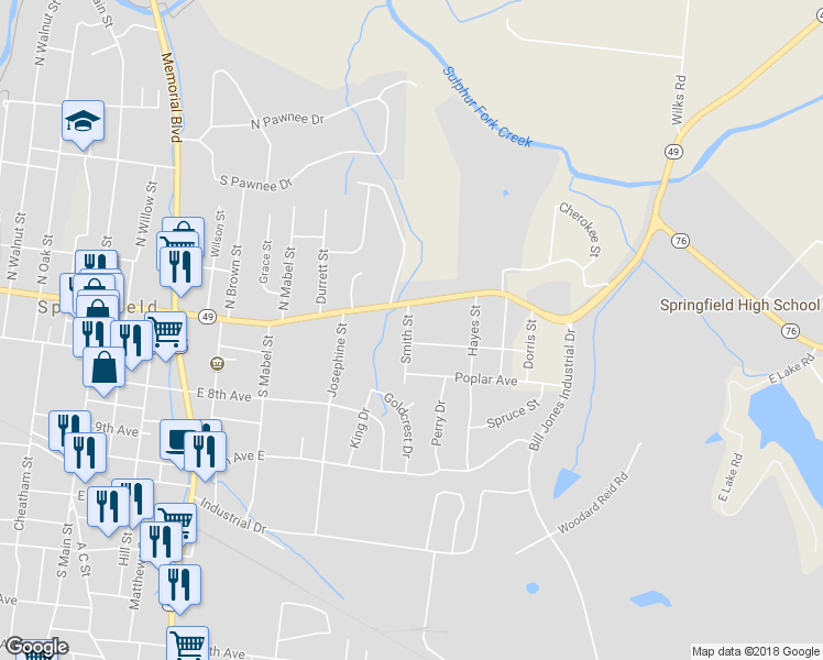 map of restaurants, bars, coffee shops, grocery stores, and more near 510 Smith Street in Springfield