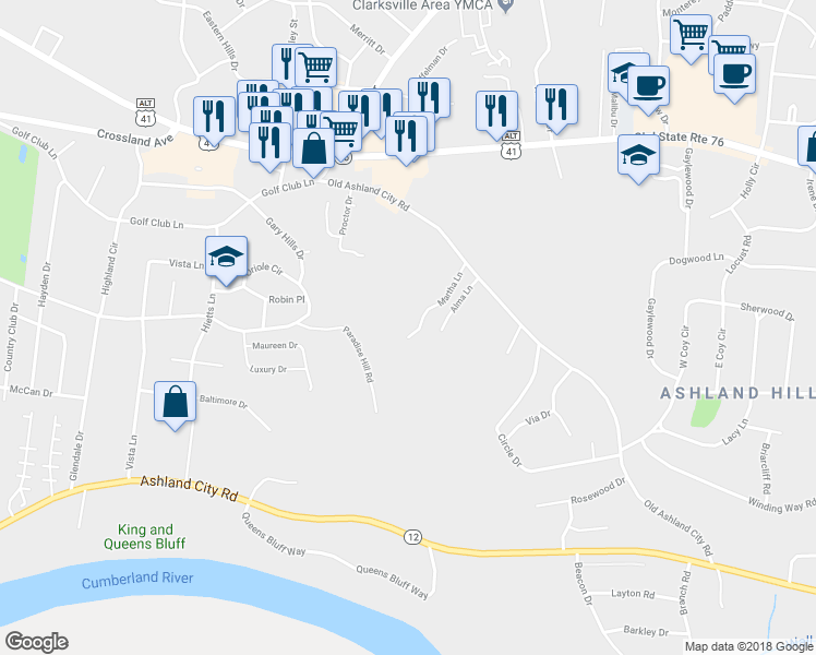 map of restaurants, bars, coffee shops, grocery stores, and more near 470 Martha Lane in Clarksville