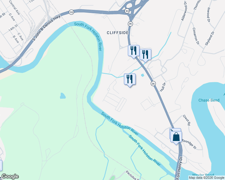 map of restaurants, bars, coffee shops, grocery stores, and more near 3053 Cliffside Road in Kingsport