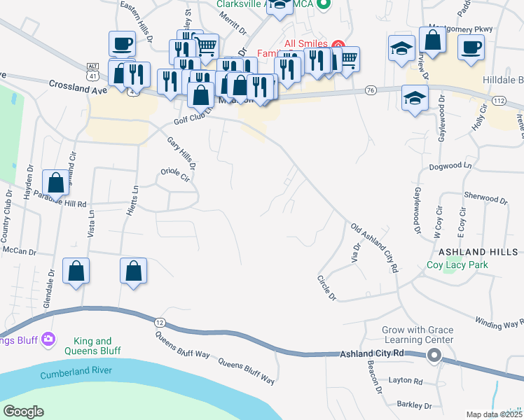 map of restaurants, bars, coffee shops, grocery stores, and more near 470 Martha Lane in Clarksville