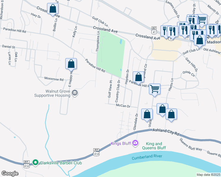 map of restaurants, bars, coffee shops, grocery stores, and more near 812 Golf View Place in Clarksville