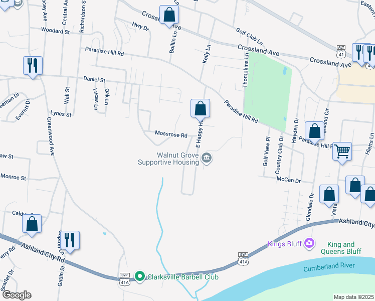 map of restaurants, bars, coffee shops, grocery stores, and more near 920 East Happy Hollow Drive in Clarksville