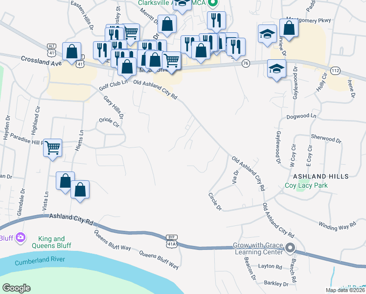 map of restaurants, bars, coffee shops, grocery stores, and more near 425 Alma Lane in Clarksville