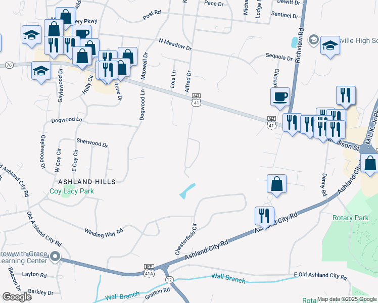 map of restaurants, bars, coffee shops, grocery stores, and more near 519 Summit View Circle in Clarksville