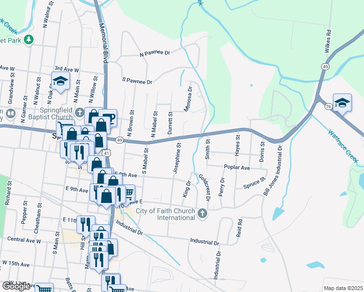 map of restaurants, bars, coffee shops, grocery stores, and more near 500 Josephine Street in Springfield