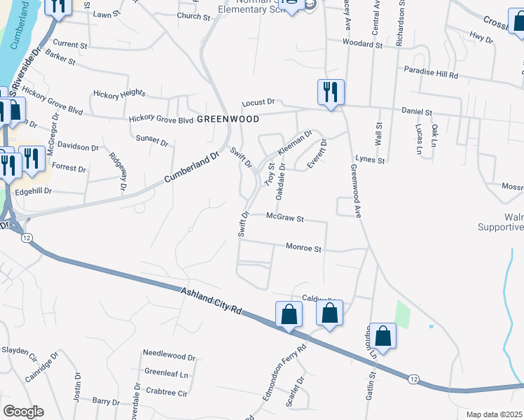 map of restaurants, bars, coffee shops, grocery stores, and more near 705 McGraw Street in Clarksville