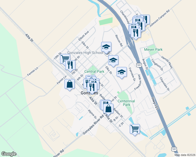 map of restaurants, bars, coffee shops, grocery stores, and more near 203 4th Street in Soledad
