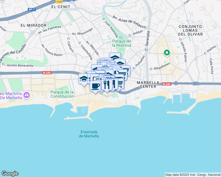 map of restaurants, bars, coffee shops, grocery stores, and more near Avenida Puerta del Mar in Marbella