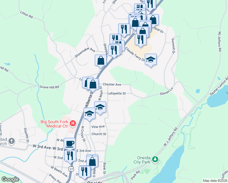 map of restaurants, bars, coffee shops, grocery stores, and more near 221 Lafayette Street in Oneida