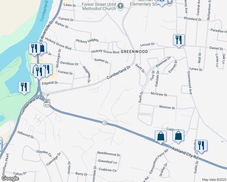 map of restaurants, bars, coffee shops, grocery stores, and more near 1211 Beverly Hills Drive in Clarksville