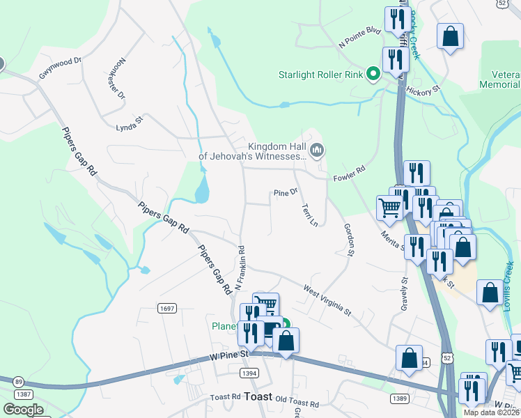 map of restaurants, bars, coffee shops, grocery stores, and more near 126 Carolina Circle in Mount Airy