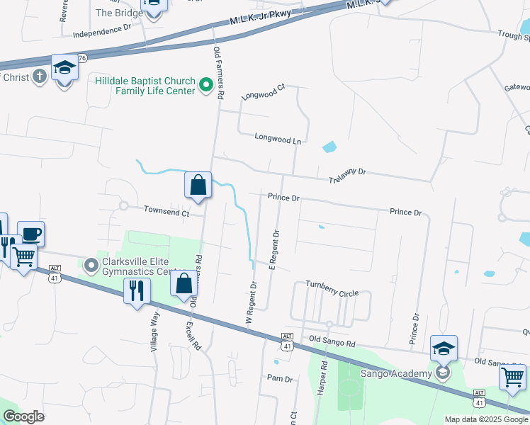 map of restaurants, bars, coffee shops, grocery stores, and more near 169 West Regent Drive in Clarksville