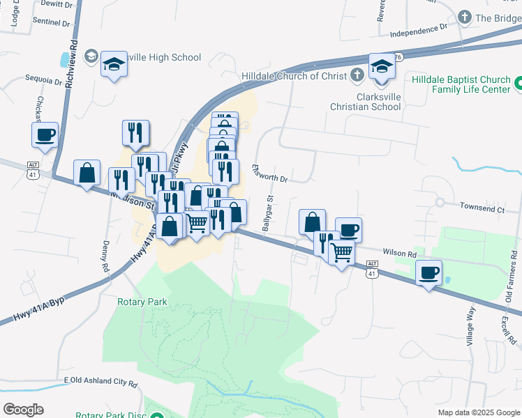 map of restaurants, bars, coffee shops, grocery stores, and more near 116 Ballygar Street in Clarksville