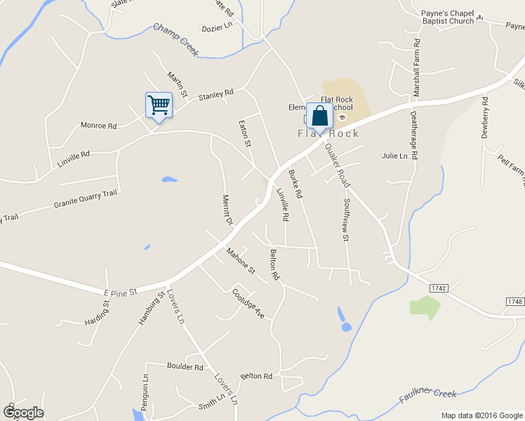 map of restaurants, bars, coffee shops, grocery stores, and more near 1330 East Pine Street in Mount Airy