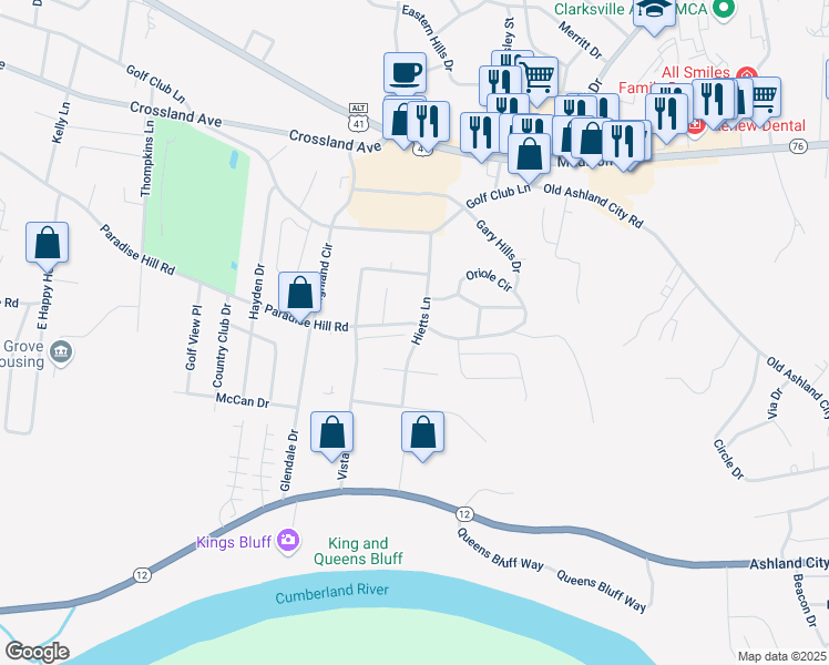 map of restaurants, bars, coffee shops, grocery stores, and more near 1552 Paradise Hill Road in Clarksville