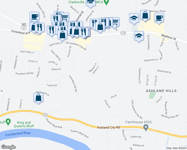 map of restaurants, bars, coffee shops, grocery stores, and more near 451 Martha Lane in Clarksville