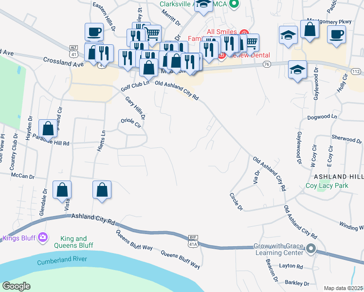 map of restaurants, bars, coffee shops, grocery stores, and more near 470 Martha Lane in Clarksville