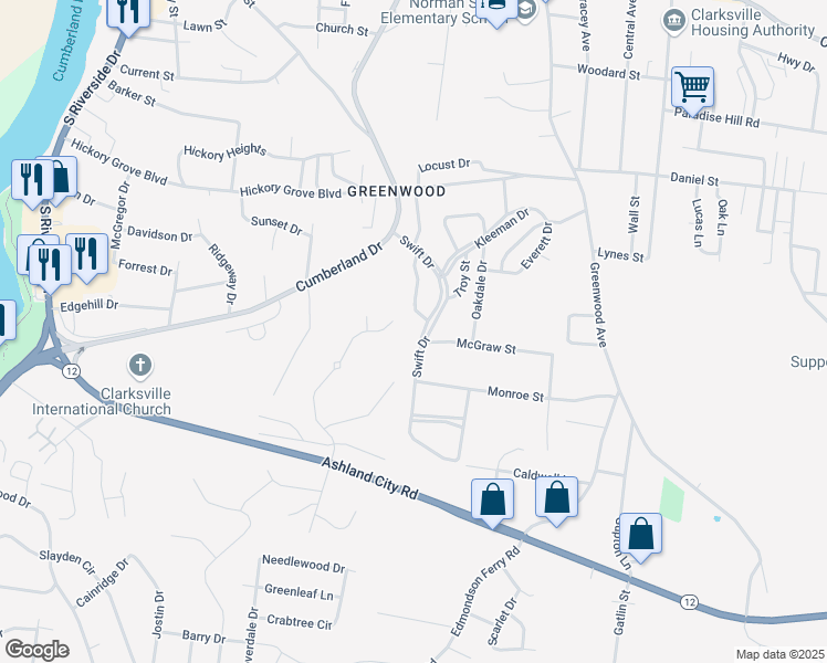map of restaurants, bars, coffee shops, grocery stores, and more near 960 Swift Drive in Clarksville