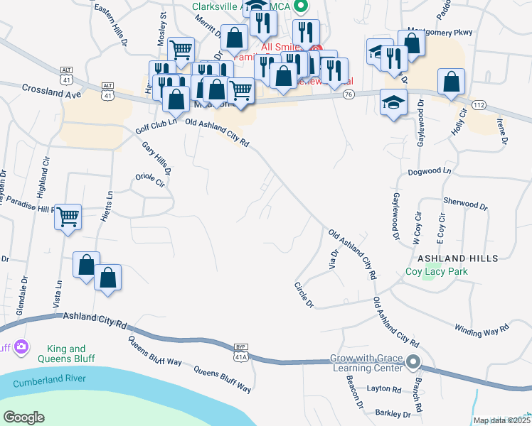 map of restaurants, bars, coffee shops, grocery stores, and more near 423 Alma Lane in Clarksville