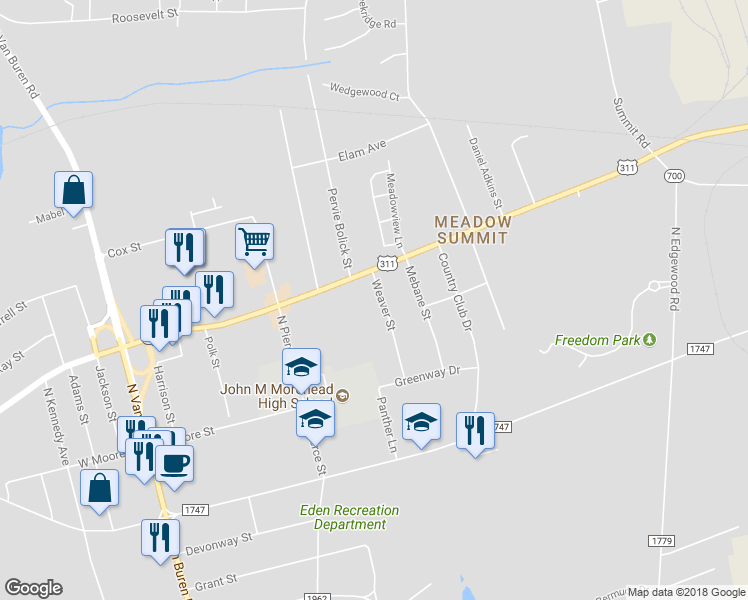 map of restaurants, bars, coffee shops, grocery stores, and more near 241 Weaver Street in Eden