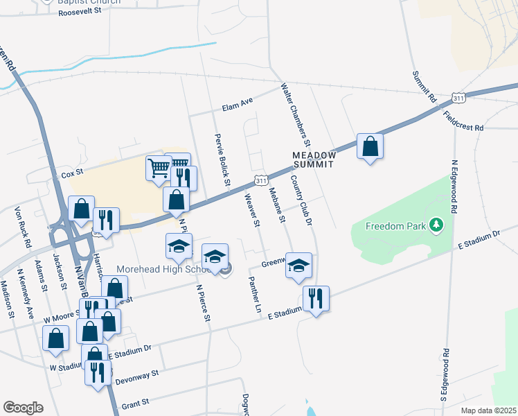 map of restaurants, bars, coffee shops, grocery stores, and more near 241 Weaver Street in Eden