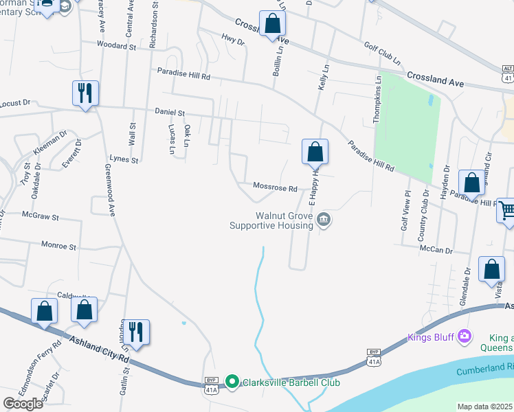 map of restaurants, bars, coffee shops, grocery stores, and more near 1330 Vogue Hill Road in Clarksville