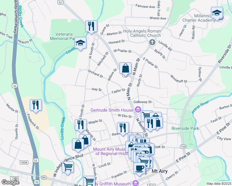 map of restaurants, bars, coffee shops, grocery stores, and more near 137 Taylor Street in Mount Airy