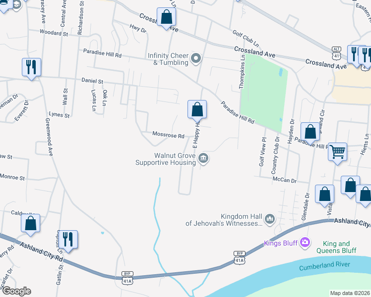 map of restaurants, bars, coffee shops, grocery stores, and more near 920 East Happy Hollow Drive in Clarksville
