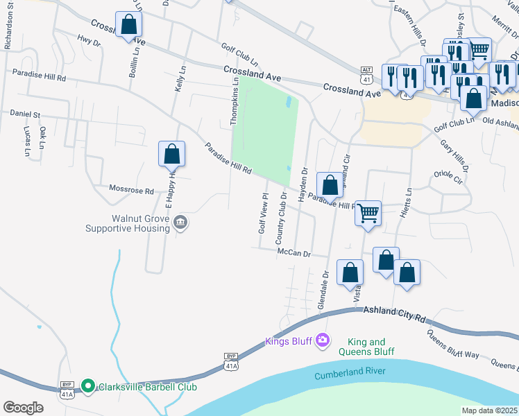 map of restaurants, bars, coffee shops, grocery stores, and more near 812 Golf View Place in Clarksville