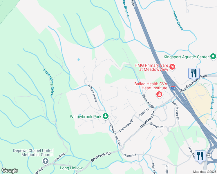 map of restaurants, bars, coffee shops, grocery stores, and more near 698 Willowcrest Place in Kingsport