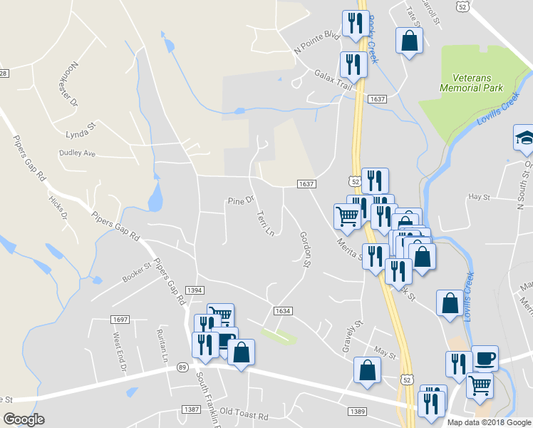 map of restaurants, bars, coffee shops, grocery stores, and more near 167 Terri Lane in Mount Airy