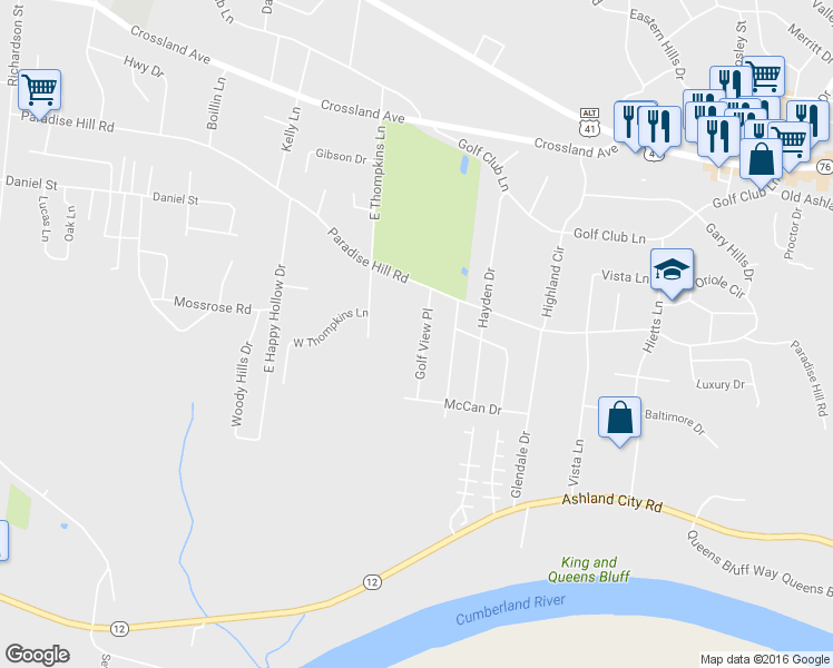 map of restaurants, bars, coffee shops, grocery stores, and more near 812 Golf View Place in Clarksville