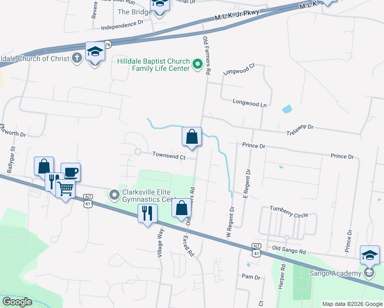 map of restaurants, bars, coffee shops, grocery stores, and more near 2699 Townsend Court in Clarksville