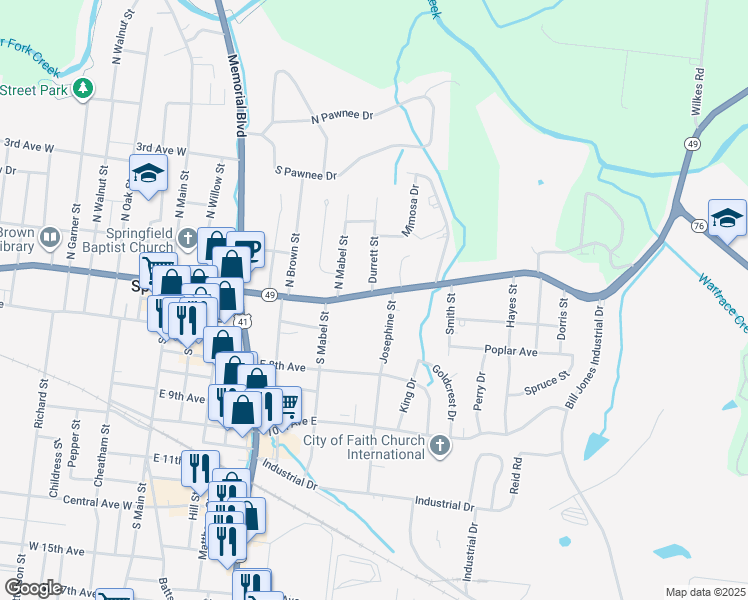 map of restaurants, bars, coffee shops, grocery stores, and more near 500 Josephine Street in Springfield