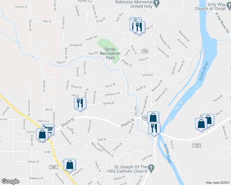 map of restaurants, bars, coffee shops, grocery stores, and more near 725 Jefferson St in Eden