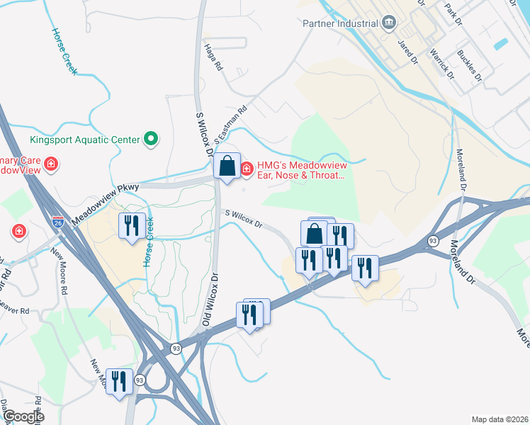 map of restaurants, bars, coffee shops, grocery stores, and more near 2432 Southgate Dr in Kingsport