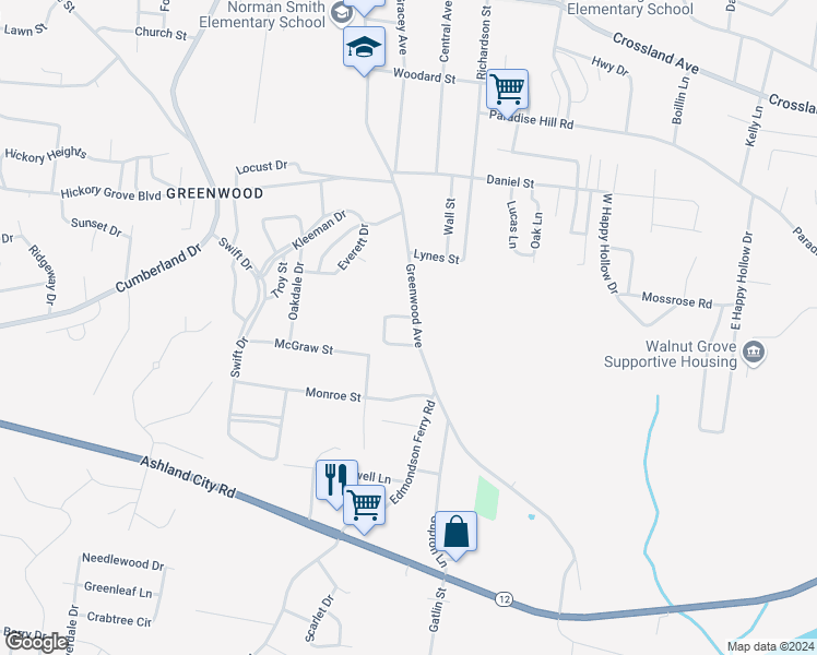 map of restaurants, bars, coffee shops, grocery stores, and more near 966 Greenwood Avenue in Clarksville