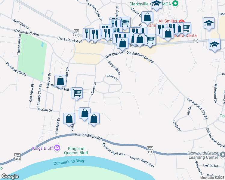 map of restaurants, bars, coffee shops, grocery stores, and more near 1669 Paradise Hill Road in Clarksville