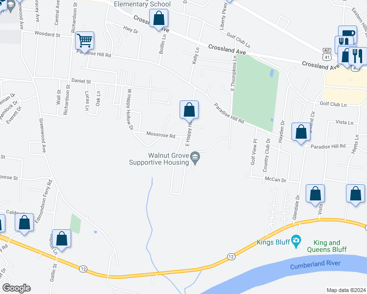 map of restaurants, bars, coffee shops, grocery stores, and more near 910 East Happy Hollow Drive in Clarksville