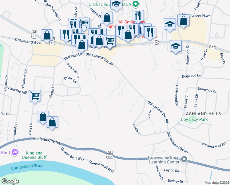 map of restaurants, bars, coffee shops, grocery stores, and more near 451 Martha Lane in Clarksville
