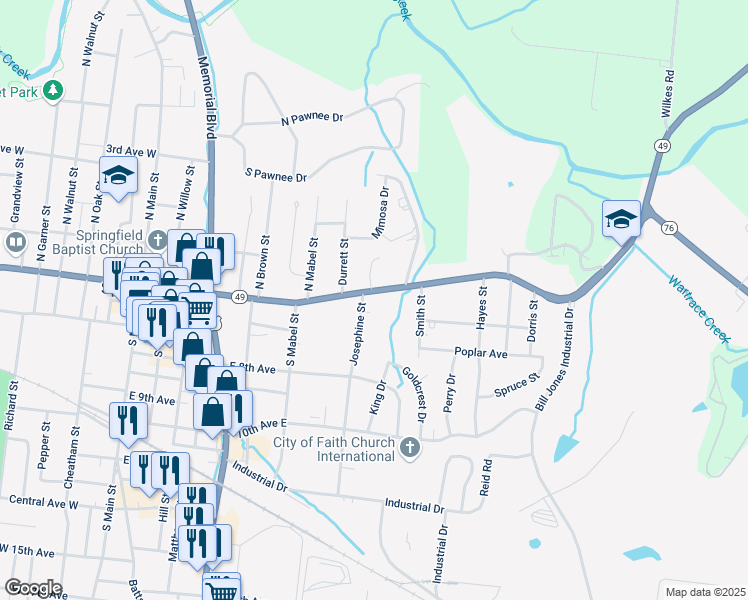map of restaurants, bars, coffee shops, grocery stores, and more near 500 Josephine Street in Springfield