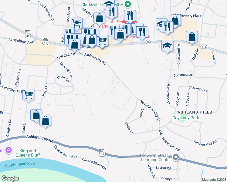 map of restaurants, bars, coffee shops, grocery stores, and more near 427 Alma Lane in Clarksville