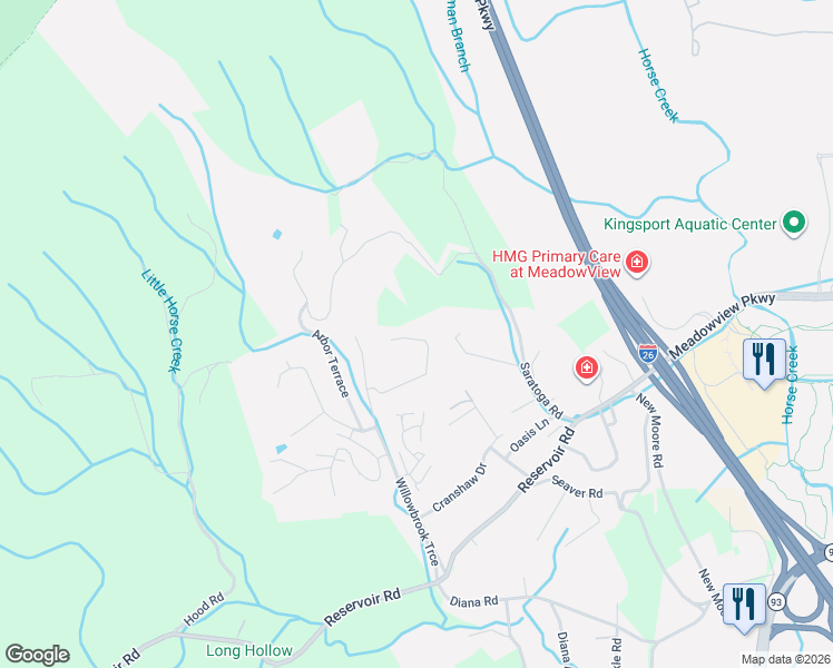 map of restaurants, bars, coffee shops, grocery stores, and more near 600-698 Willowcrest Place in Kingsport